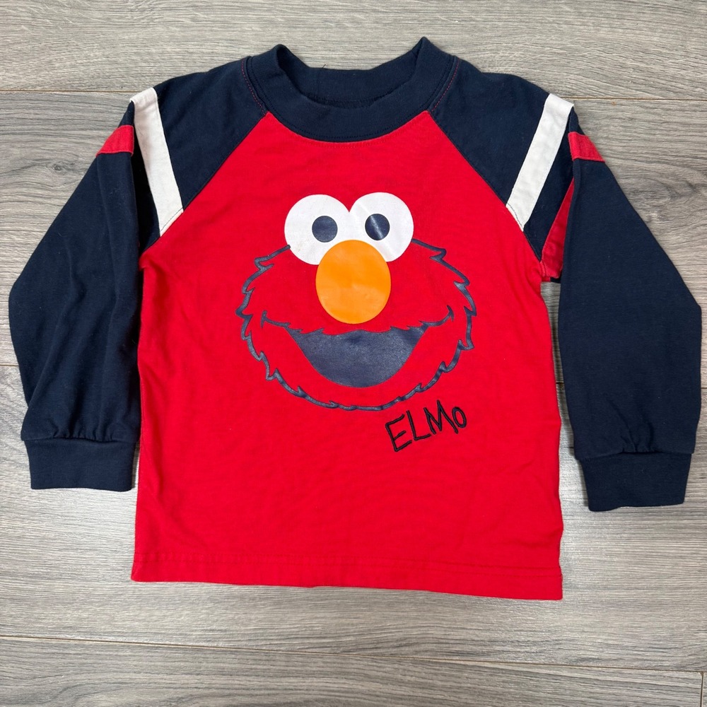 Y2K Sesame Street Elmo Red Navy Raglan Long Sleeve Shirt Toddler Boys 3T 2008